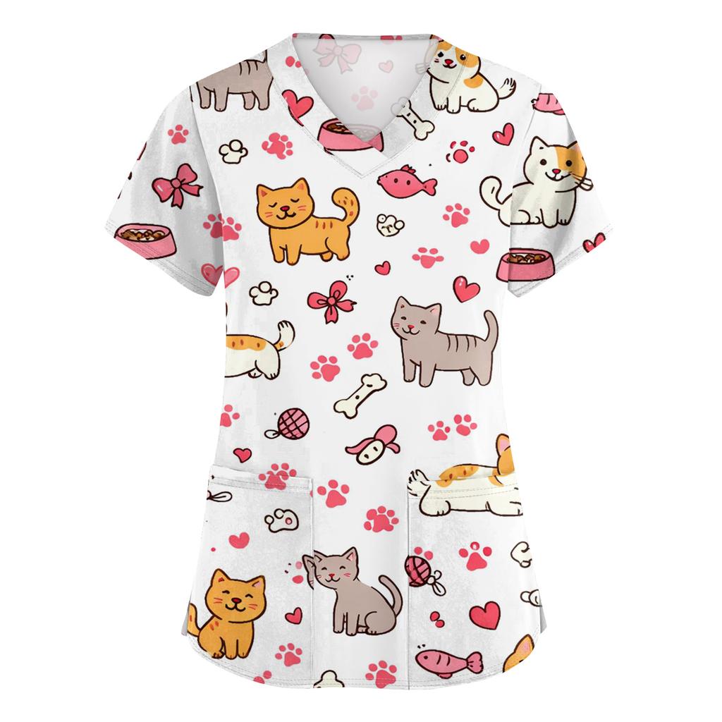 Women's Casual Short-Sleeve Cute Animal Print V-Neck Pocket Workwear Top