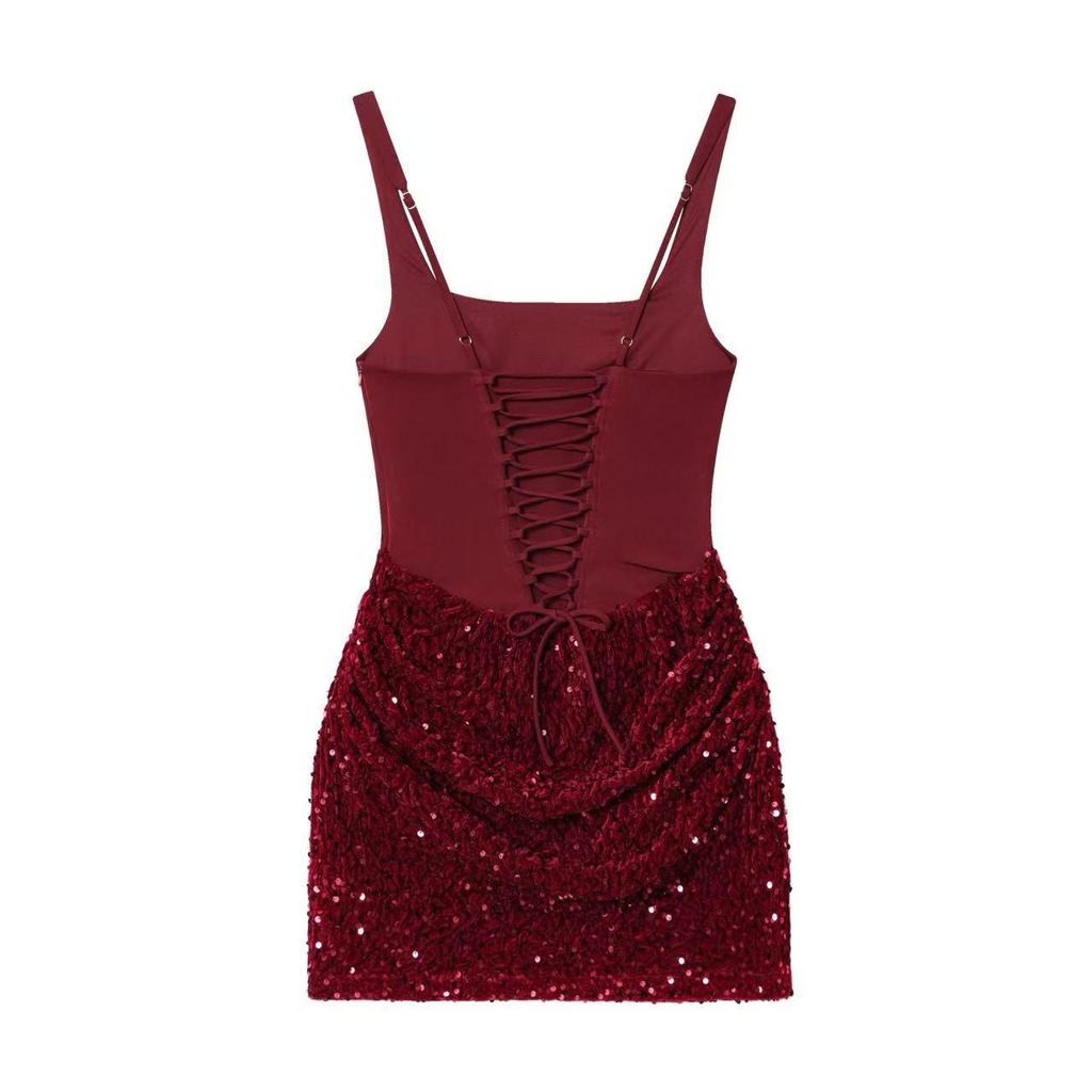 European & American Style Sequin Hip-hugging Waist-cinching Lace-up Short Skirt for Women