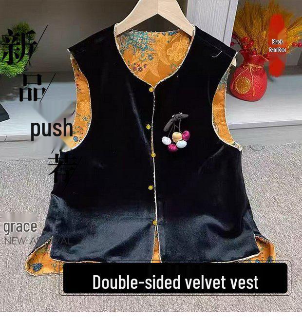 Elegant Black Velvet Double-Sided Shawl Vest for Women - Spring & Autumn Chinese National Style