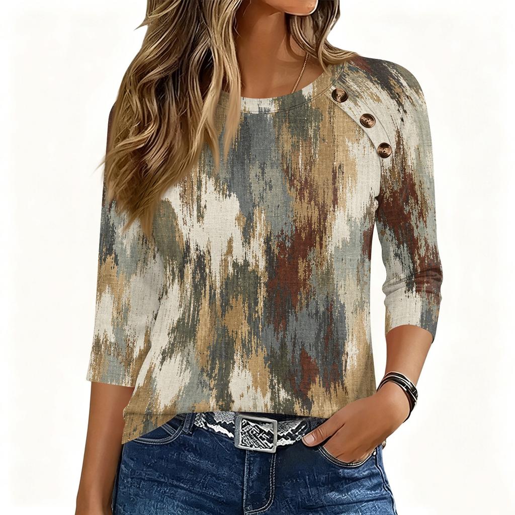 Womens 34 Sleeve Crew Neck Button T Shirt Geometric Pattern Pullover Casual Loose Fit Top for Daily Wear