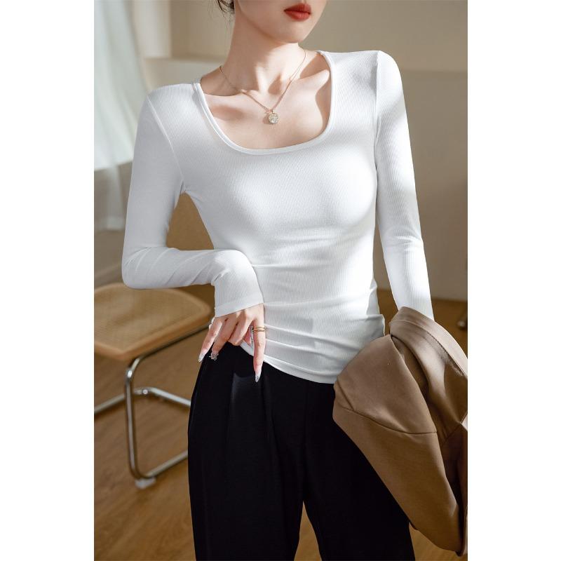 Women Square Neck Long Sleeve Slim Fitted Solid Color T Shirt Casual Basic Top
