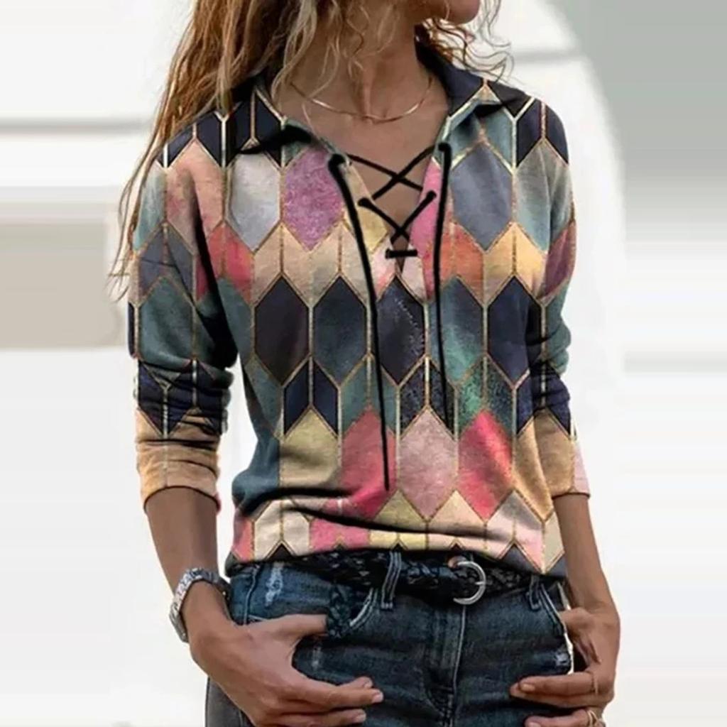 Fashion Women Prints Long Sleeve Color Matching Bandage Tops Blouses