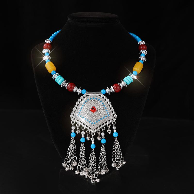 Retro Yunnan Ethnic Style Collar Women's Handmade Imitation Miao Silver Beaded Exaggerated Necklace Set Chain Stall Necklace