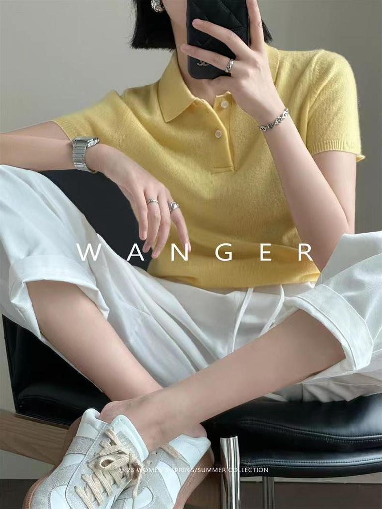 Women's Spring/Summer Short Sleeve Wool Polo Shirt - Solid Color, Turn-Down Collar Knit Top