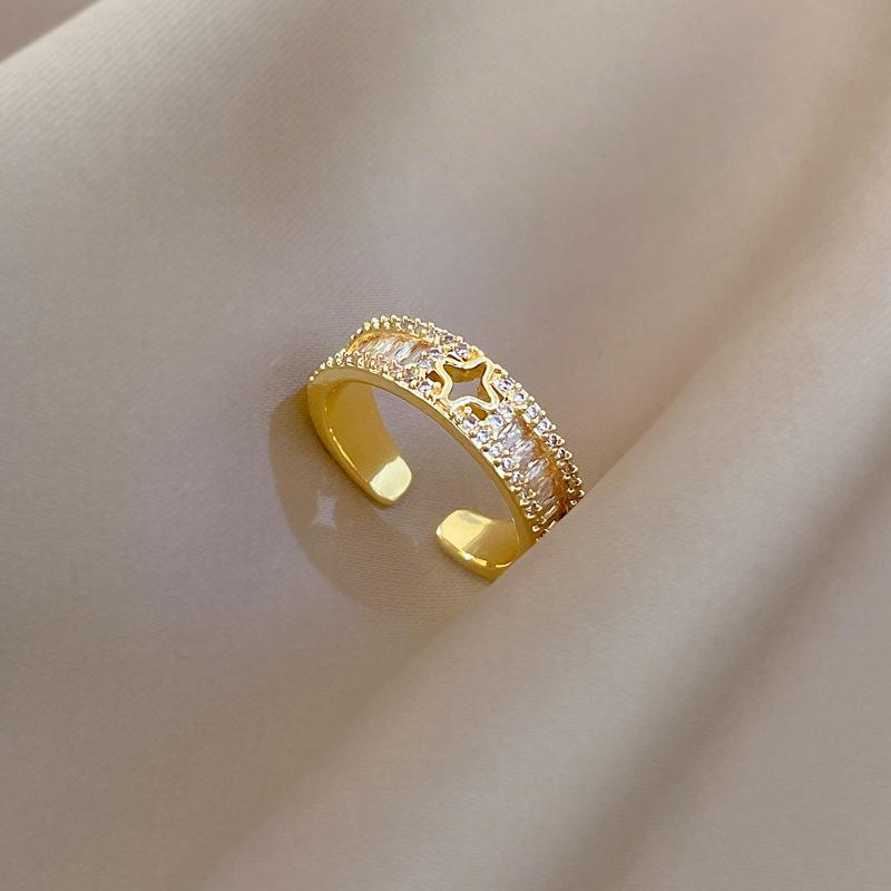 Real Gold Light Luxury Lucky Grass Full Diamond Ring Opening Adjustable Simple Jewelry Japanese Ring Couple Ring