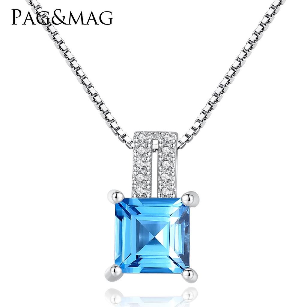 PAG&MAG Sky Blue Gem Pendant S925 Silver Necklace for Women with Box Chain - European & American Fashion Jewelry.