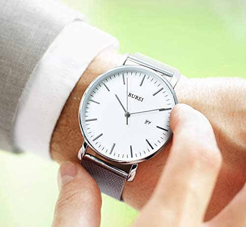 BUREI Men's Analog Quartz Watch, Waterproof, Date Display, Silver, Popular Brand, Simple and Stylish Business Watch with Milanese Mesh Strap [Parallel