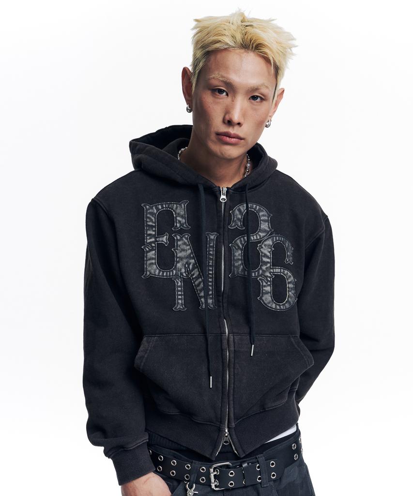 Easy No Easy Washed Leather Patch Zip-Up Hoodie - Black