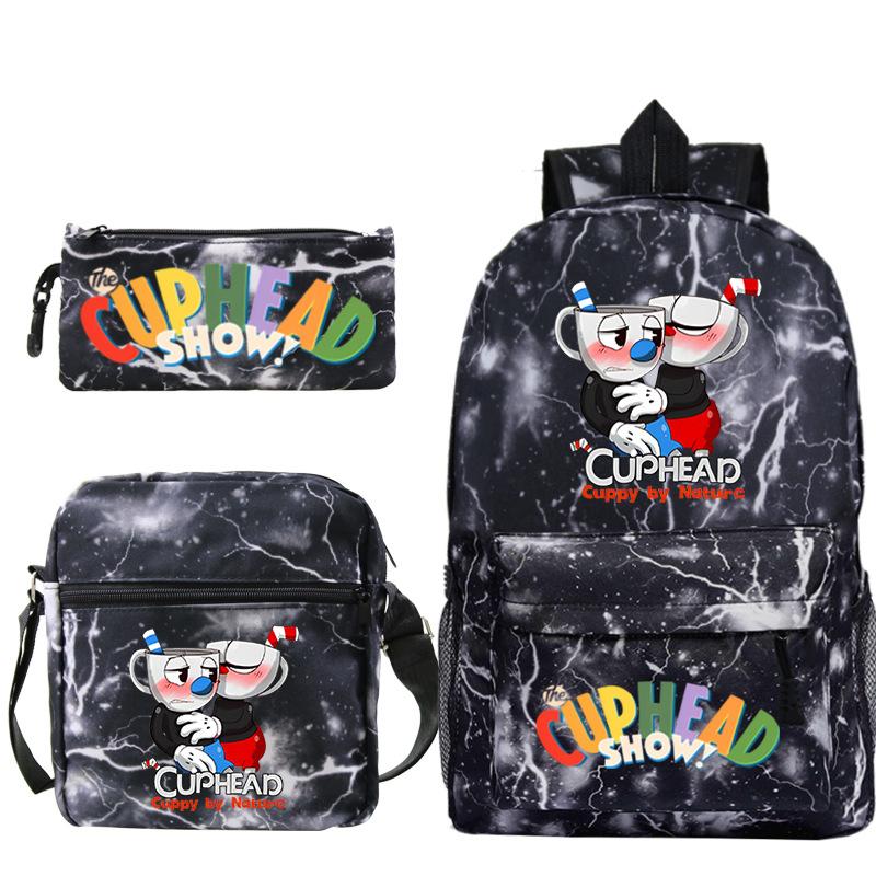 Cartoon Teacup Head Cuphead Student School Bag Backpack Three-piece Set Children's Shoulder Bag Pencil Bag