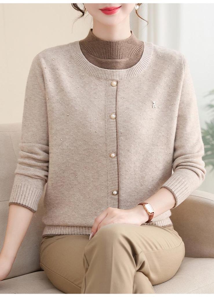 Mom's 2025 Winter Faux Two-Piece Knit Top: Stylish, Warm, Plus Velvet Thickened Sweater for Autumn & Winter