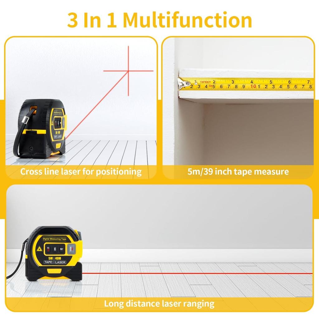 The Almighty Ruler 3-in-1 Laser Measuring Tape, 40/60m Digital Measuring, Laser Measuring Tool, Handheld Electronic Digital Tape Measure with LED