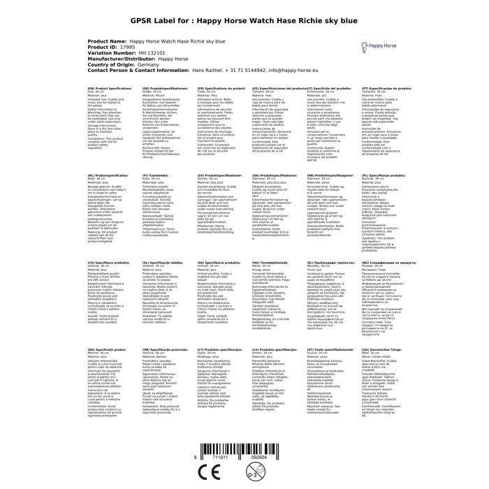 Spieluhr - HAPPY HORSE - Richie - Himmelblaues Kaninchen - 34 cm - Sanfte Melodie