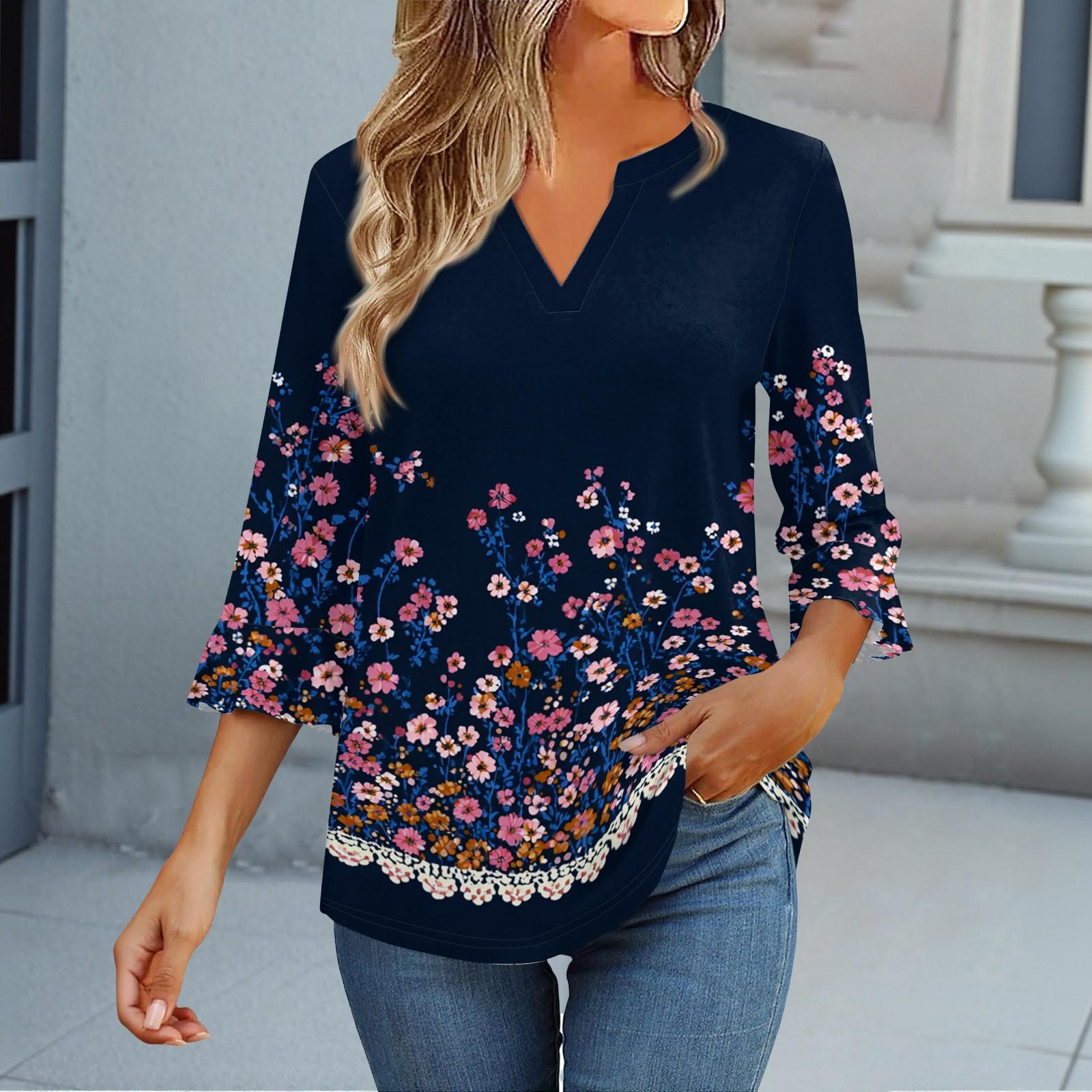 

Топи з рукавом 3/4 для жінок Футболка Повсякденна Розкльошені рукави Принт Туніка V-подібний виріз Пуловер Блузка S Темно-синій