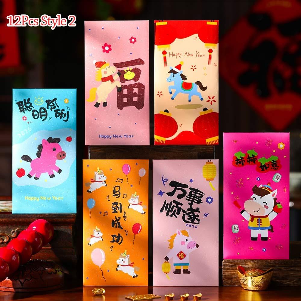 6/12Pcs Folding Horse Year Red Envelope Fu Lucky CNY Packet Envelopes Red Spring Festival Chinese New Year Party Supply