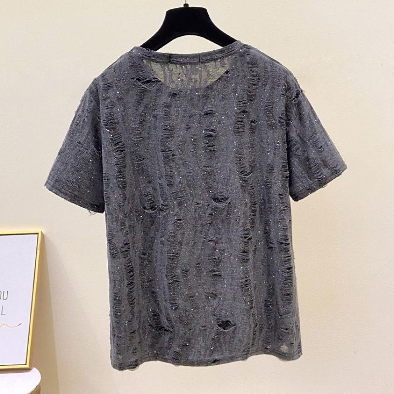 Large Size Women's Summer New Style Loose Slim Sequins Ripped Loose Short-sleeved T-shirt Fat Mm Half-sleeved Front Shoulder Top