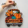 Orange Maple Leaf Ornament Hello Fall Wooden Hanging Sign, Retro Plaid Pickup Truck Ornaments, Wall Pendant Autumn Door Sign with Pumpkin And