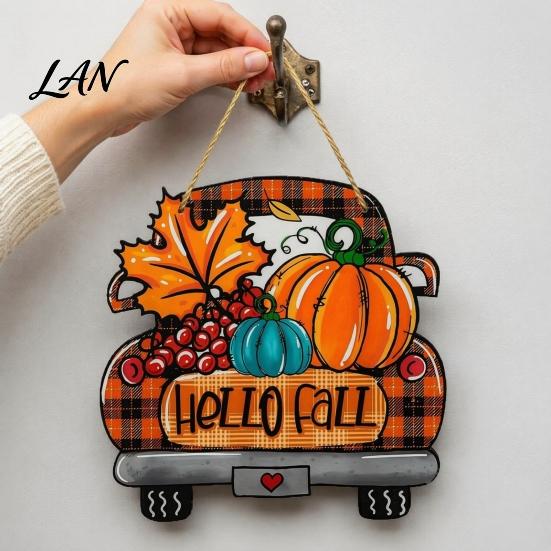 Orange Maple Leaf Ornament Hello Fall Wooden Hanging Sign, Retro Plaid Pickup Truck Ornaments, Wall Pendant Autumn Door Sign with Pumpkin And