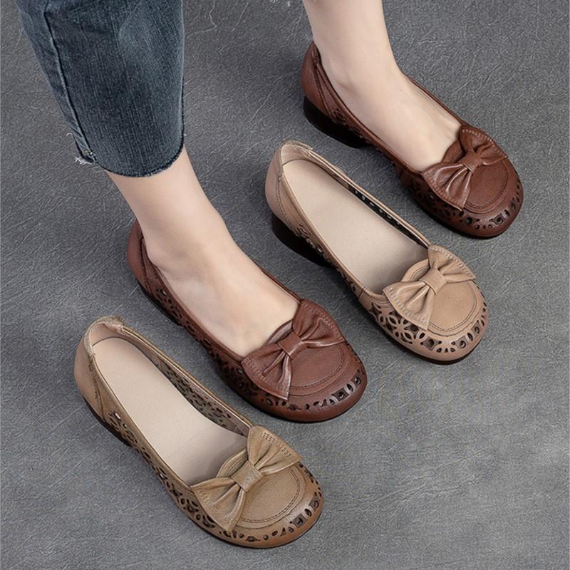 Johnature Sandale retro din piele naturală cu toc gros, cu vârf rotund, cu scobire, pantofi confortabili