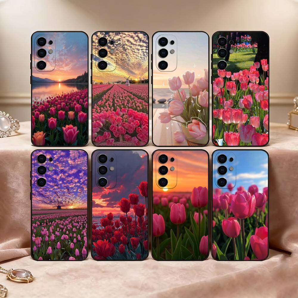 Super Beautiful Tulip Phone Case For Samsung S25,S24,S21,S22,S23,S30,Ultra,S20,Plus,Fe,Soft Silicone Black Cover