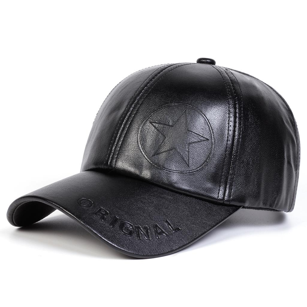 Unisex Letter Pentagram Imprint Embroidery Adjustable Pu Leather Baseball Hat Windproof and Warm Caps Spring Autumn Outdoor Sport Travel for Women Men