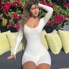 Women European Style Solid Ribbed U Neck Long Sleeve High Waist Slim Sports Jumpsuit