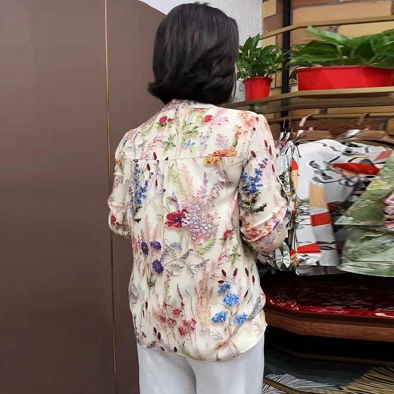 Women's Silk Blouse Summer Loose Floral Plus-Size Shirt V-Neck Printed Silk Shirt