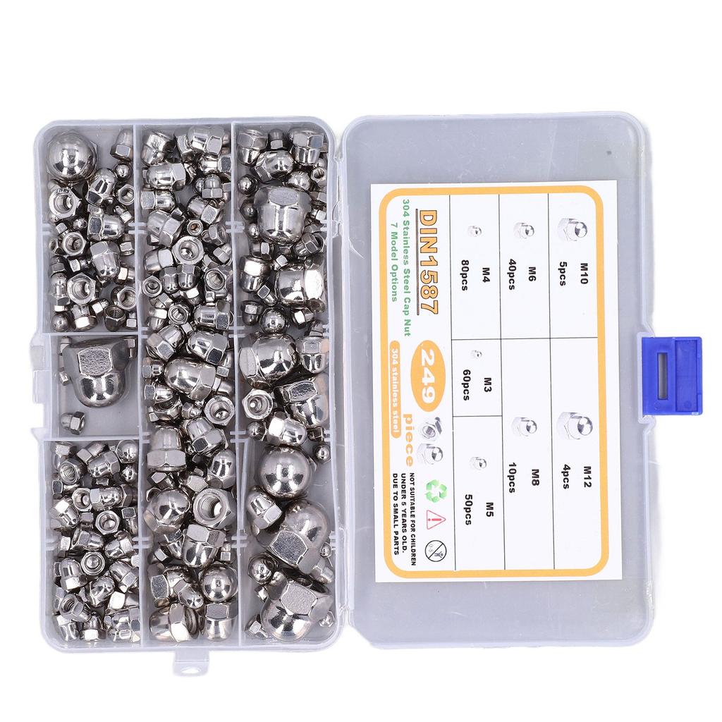 249Pcs Acorn Hex Cap Nuts Assortment Kit M3?M12 DIN1587 304 Stainless Steel Bright Finish