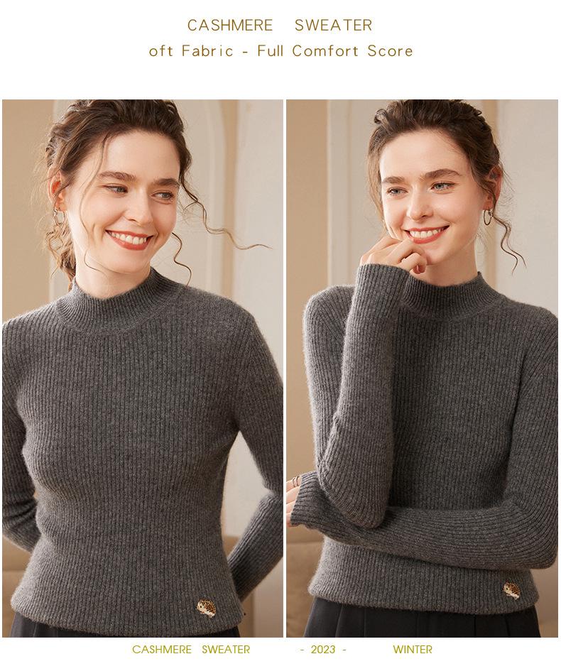 Women's 2024 Autumn/Winter Striped Embroidered Cashmere Knit Top - Long Sleeve, Half-High Neck, Soft Inner Layer