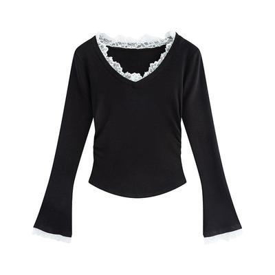 Kant V-hals T-shirt met lange mouwen voor dames in de lente en herfst Nieuw slank basisshirt Hot Girl slanke top