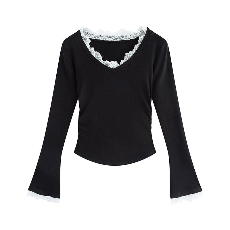 T-shirt con scollo a V in pizzo a maniche lunghe da donna per primavera e autunno, nuova maglia base aderente, top aderente da ragazza alla moda