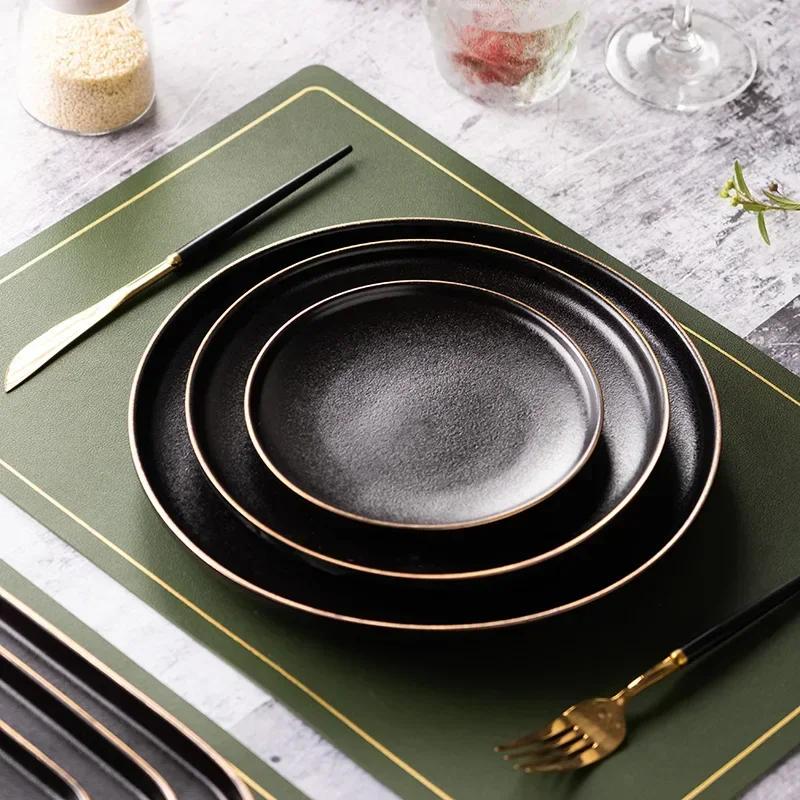 Black Frost Steak Plate 8-inch Household Square Gold Border Western Dining Plates Western Restaurant Italian Pasta Tableware