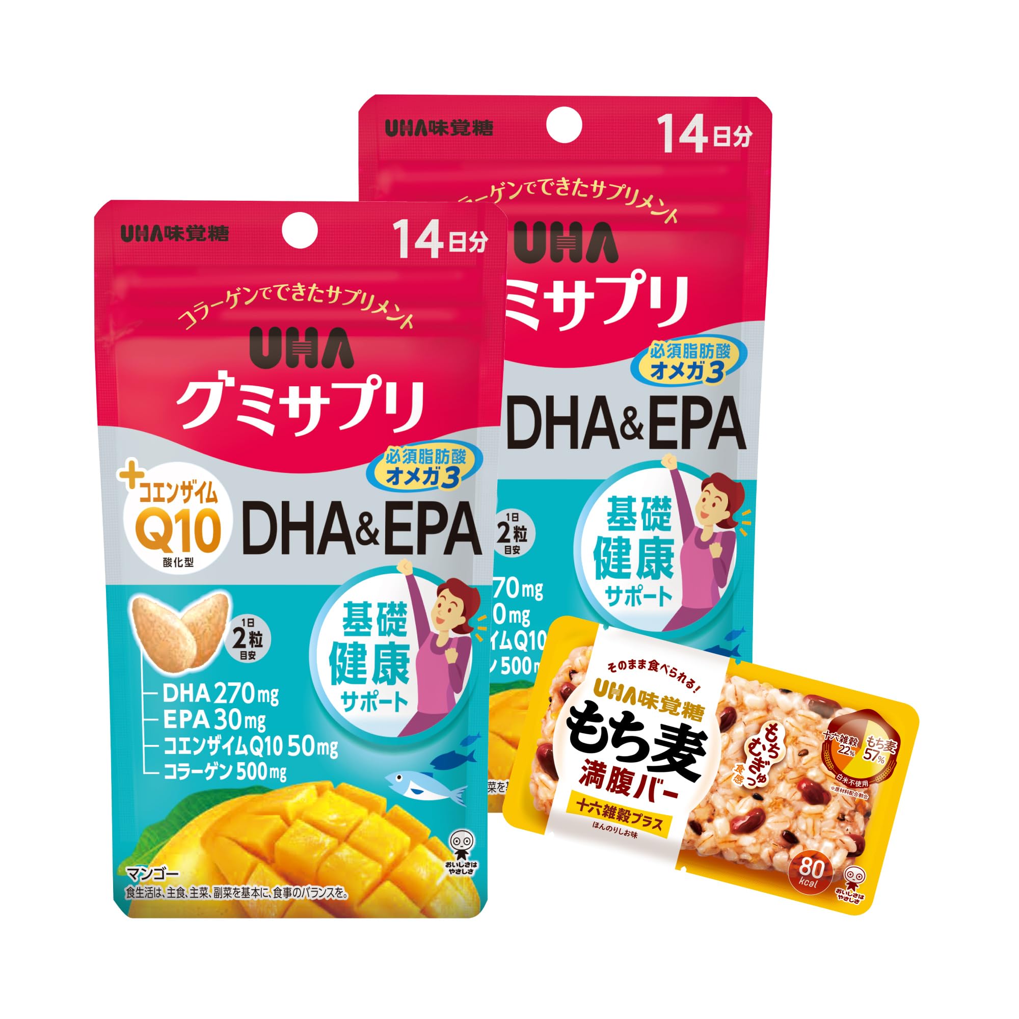 

Набор жевательных добавок UHA с бонусом CoQ10+DHA&EPA, запас на 14 дней, 2, белый