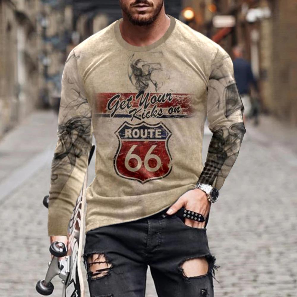 ETST31 2024 Heren T-shirts Lange Mouw 3D Print Top Casual Katoen Vintage T-shirt Vintage Route 66 Tee Los Sport O-hals Kleding 5xl 6XL