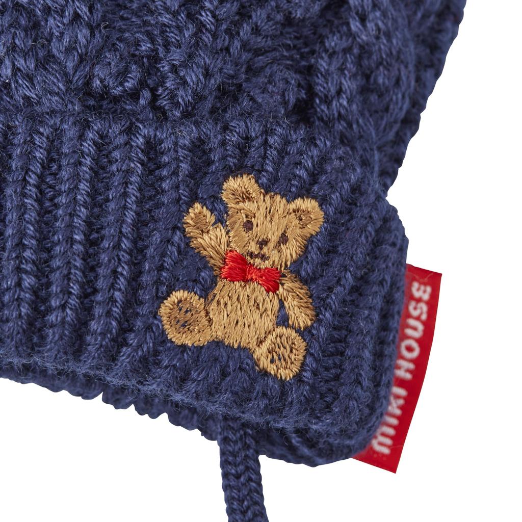 MIKI HOUSE Knitted Mittens with Bear Solid Cable Made In for Boys and Size M Navy Drawstring, Design, Color, Knit, Japan, Girls, Baby, Kids,