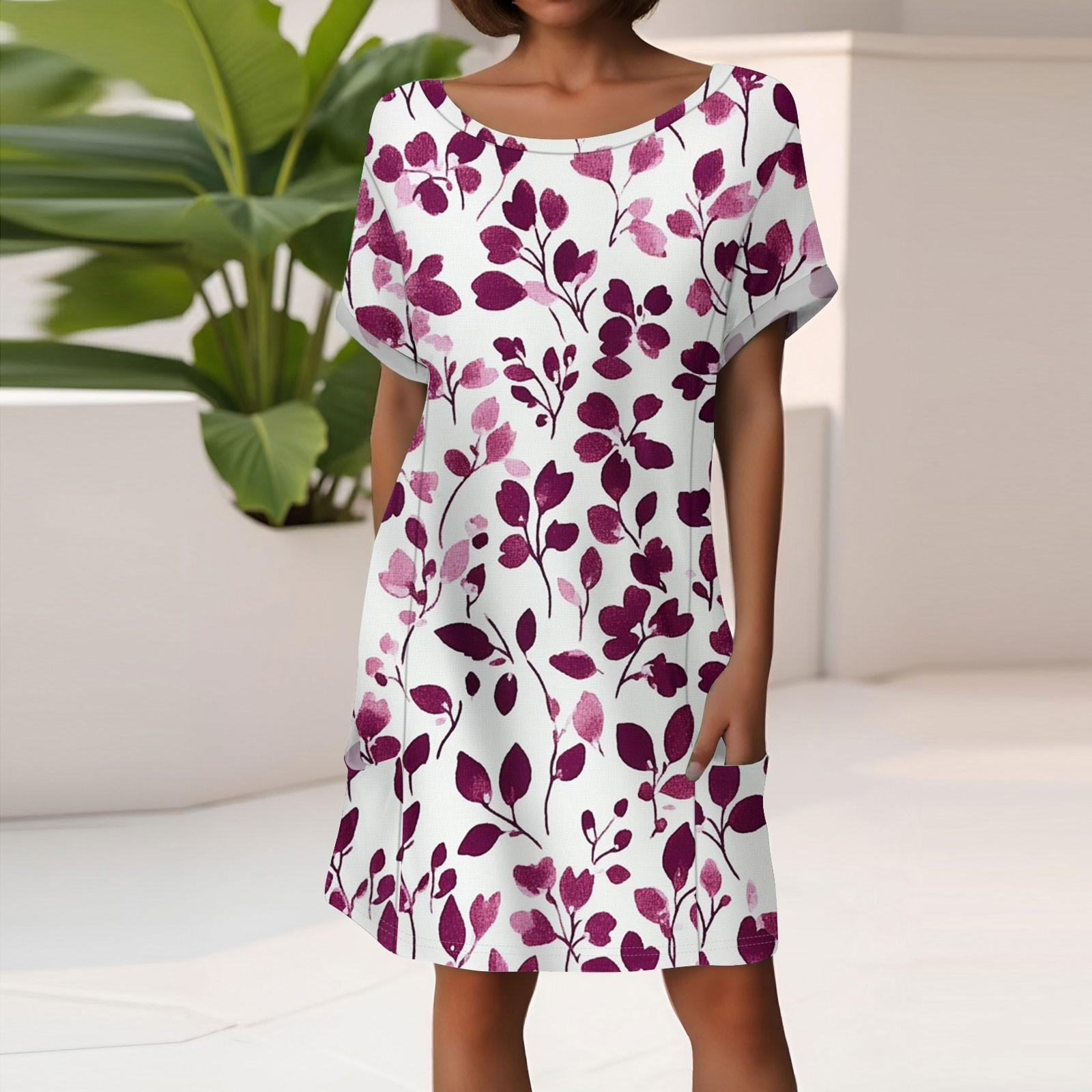 

Women s Fashion Short Sleeve Dress With Pockets Floral Print Casual Beach Dress XXL синій