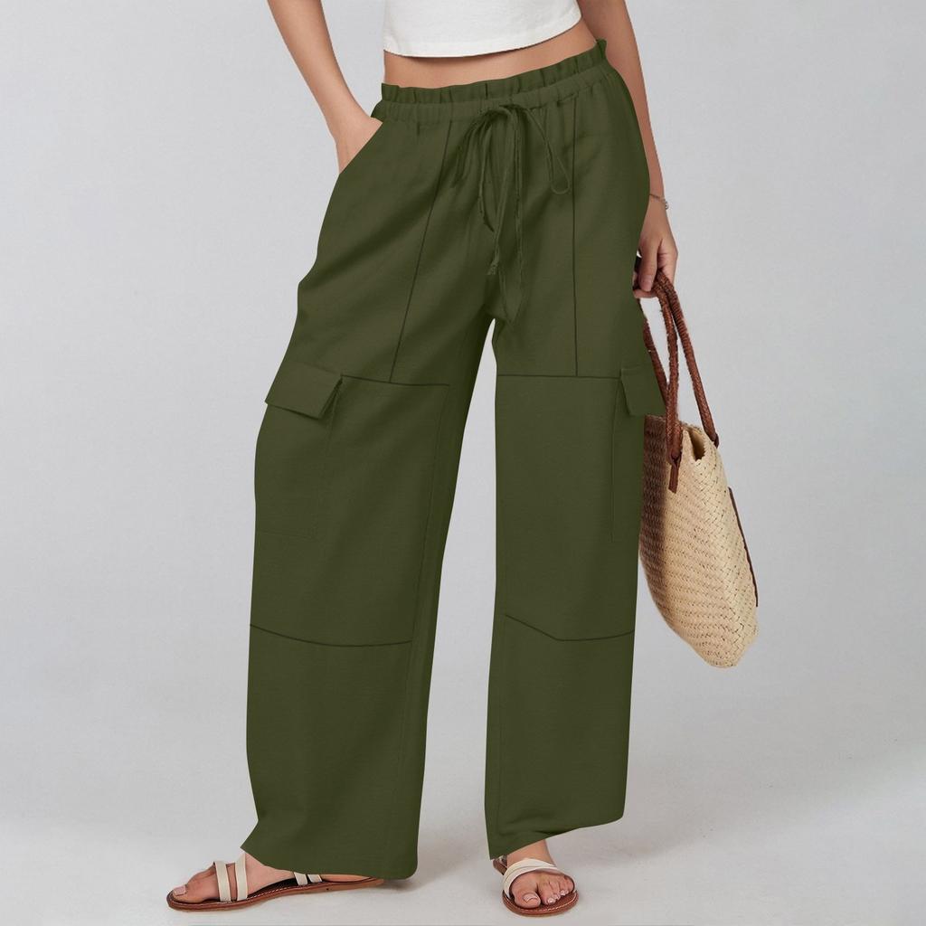 Women's Cotton And Linen Summer Stitching Casual Drawstring High Waist Pocket Workwear Trousers