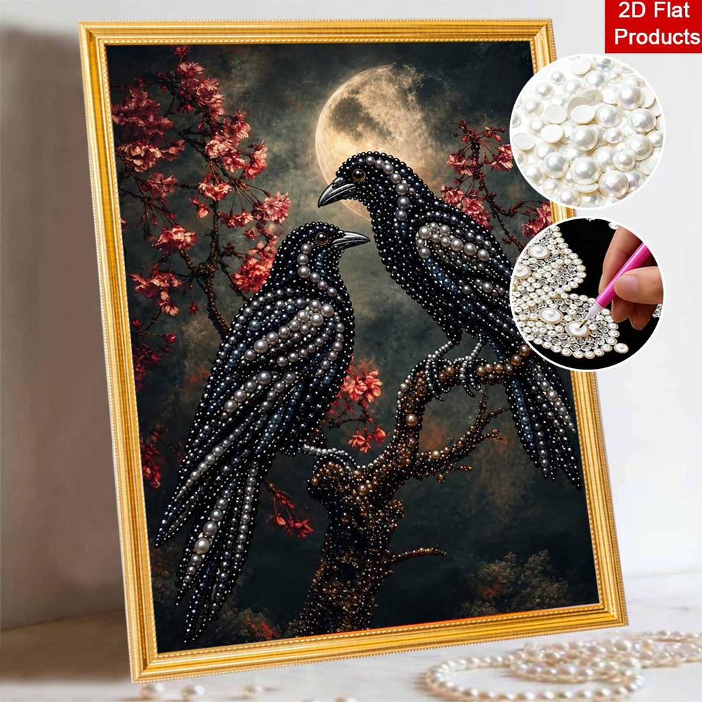 Moonlit Crow Couple Pearl Painting Kit with Frame Sparkling Bead Canvas Romantic Handmade Wall Decor Gift for Women DIY Craft Art Project