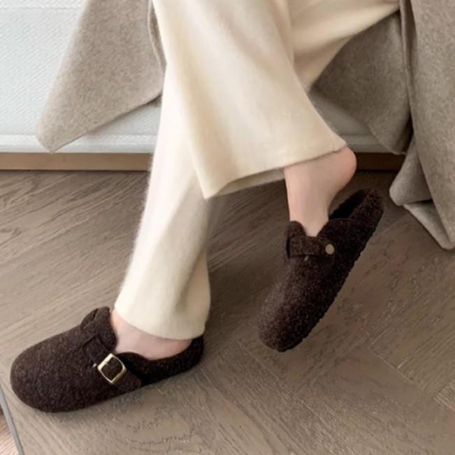 Yuanlitong Winter New Inner Height Increase Thick Velvet Warm Fluffy Shoes Women's Half-drag Empty Boboken Shoes Women's Cotton Shoes