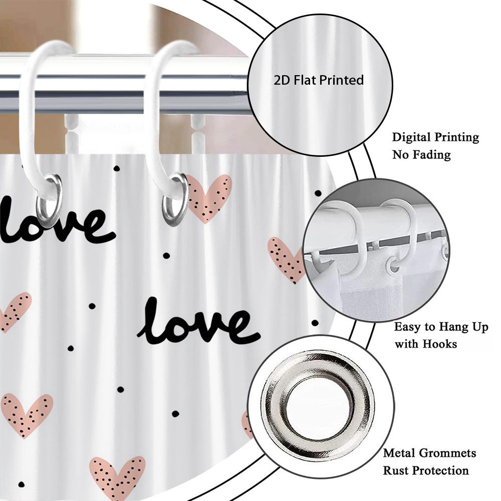 1Pc Heart-Patterned Polka Dot Shower Curtain, Polyester Fabric, With Hooks, Machine Washable, Suitable For Bathroom Dcor.