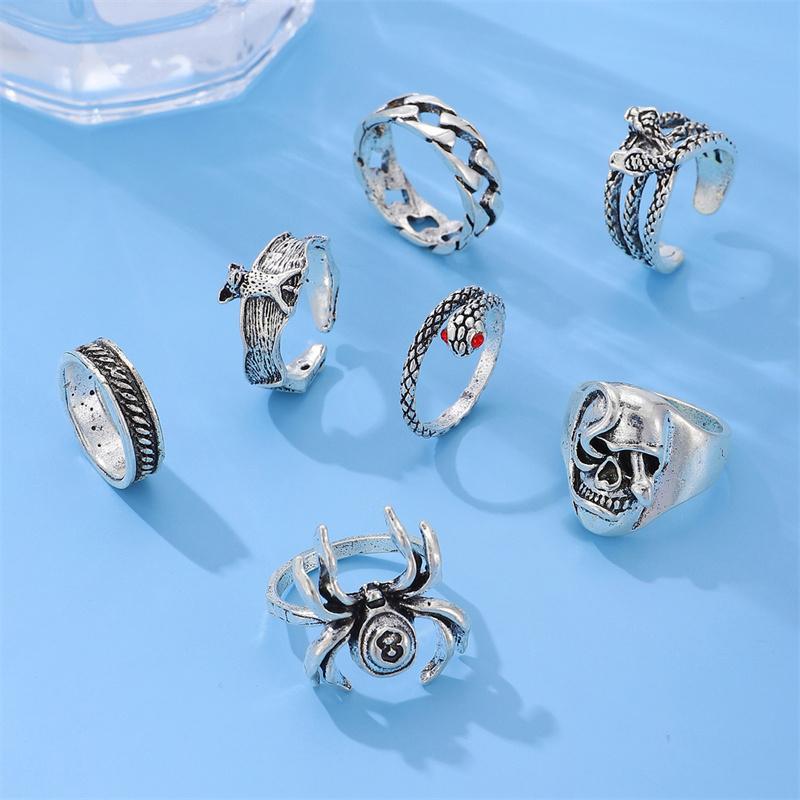7Pcs Vintage Punk Metal Multi Ring Set For Women Men Spider Bat Snake Skull Finger Rings Gothic Jewelry