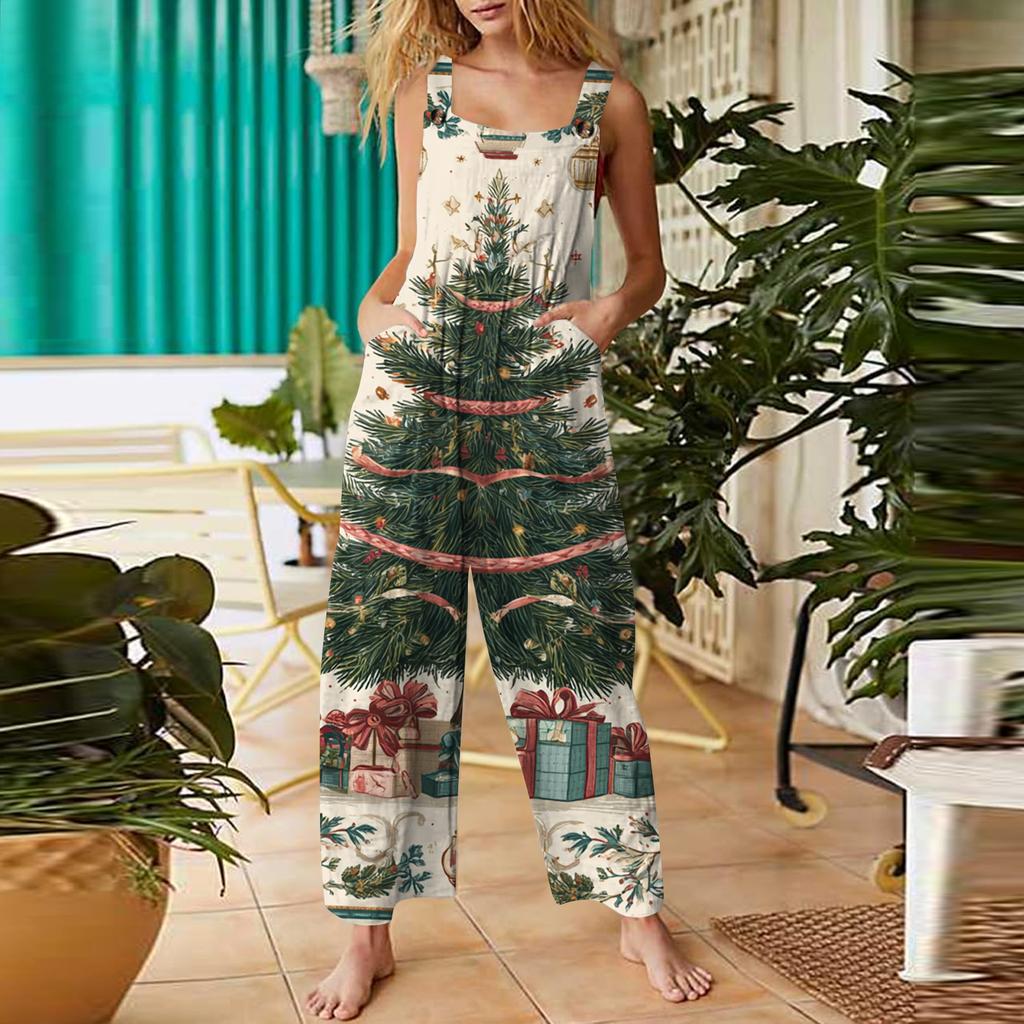 Women's Casual Jumpsuit Sleeveless Christmas Printed Cotton Jumpsuit