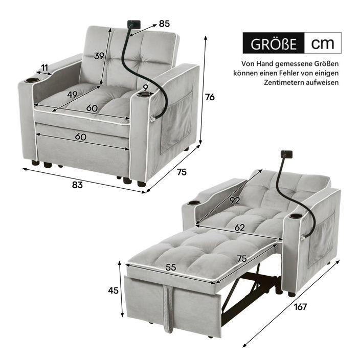 Divano - 3 in 1 estensibile - 83x167x76 cm - Velluto e schiuma ad alta densità - Portabicchieri, supporto telefono