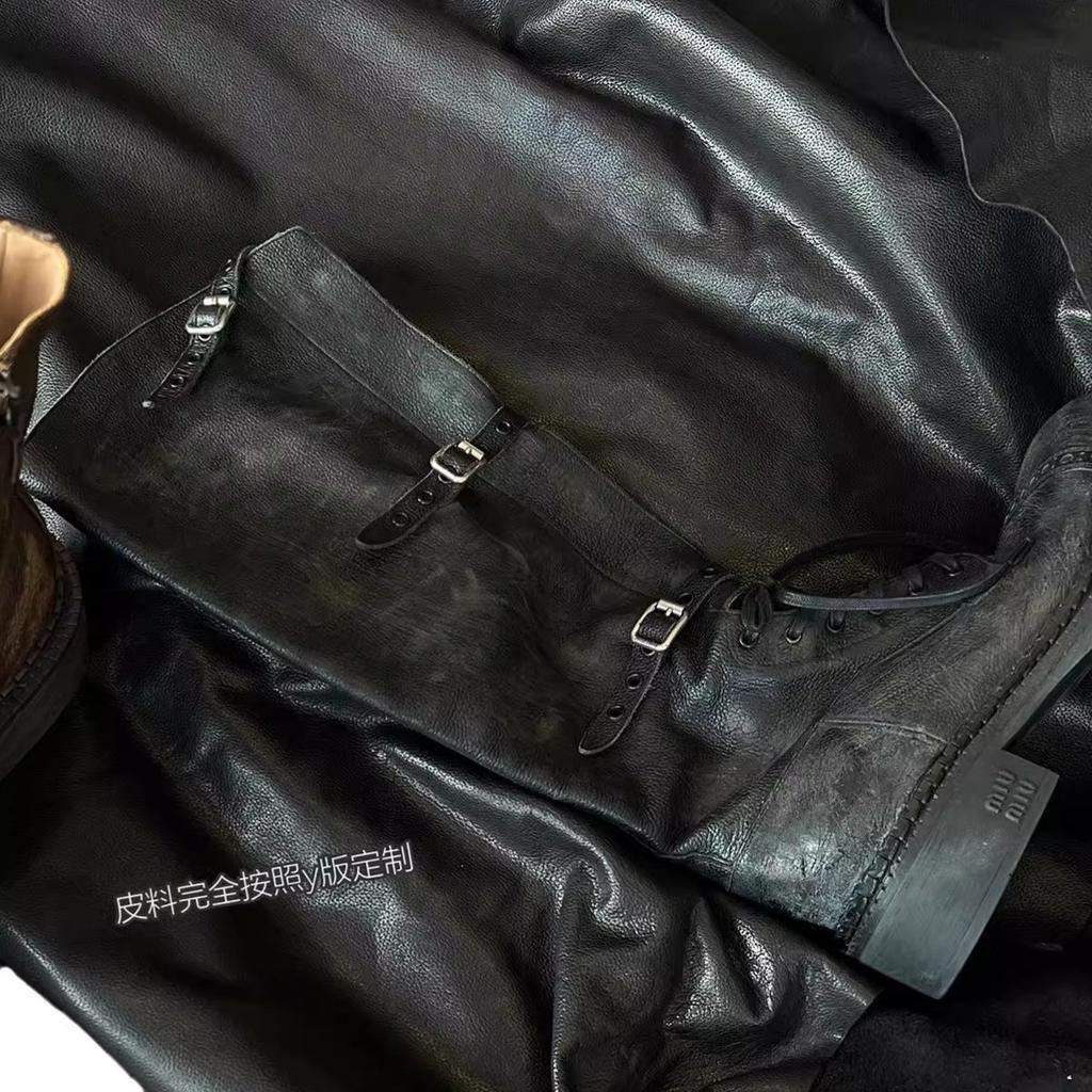 Cowhide version~ Grape mother has the same genuine leather, Amiu belt buckle, retro thick heel, old medium tube knight boots, women's boots.