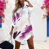 Women Plus Size Collared Neck Long Sleeve Blue Printed Shirt Dress Button Front Curved Hem