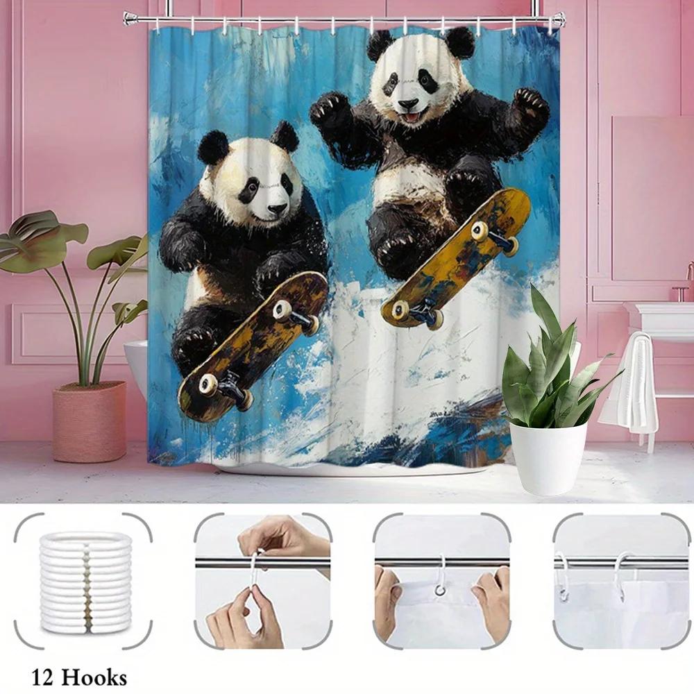 

1Pc Skateboarding Panda Bears Shower Curtain - Playful Black & White Pandas On Yellow Skateboards With Blue Sky Design, Vibrant W60H190(CM)-1 Pcs