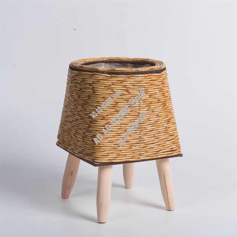 AD23-Vintage Imitation Rattan Woven Flower Shelf Planters Handmade Storage Basket With Wooden Legs Plant Pot Stand Holder Durabl