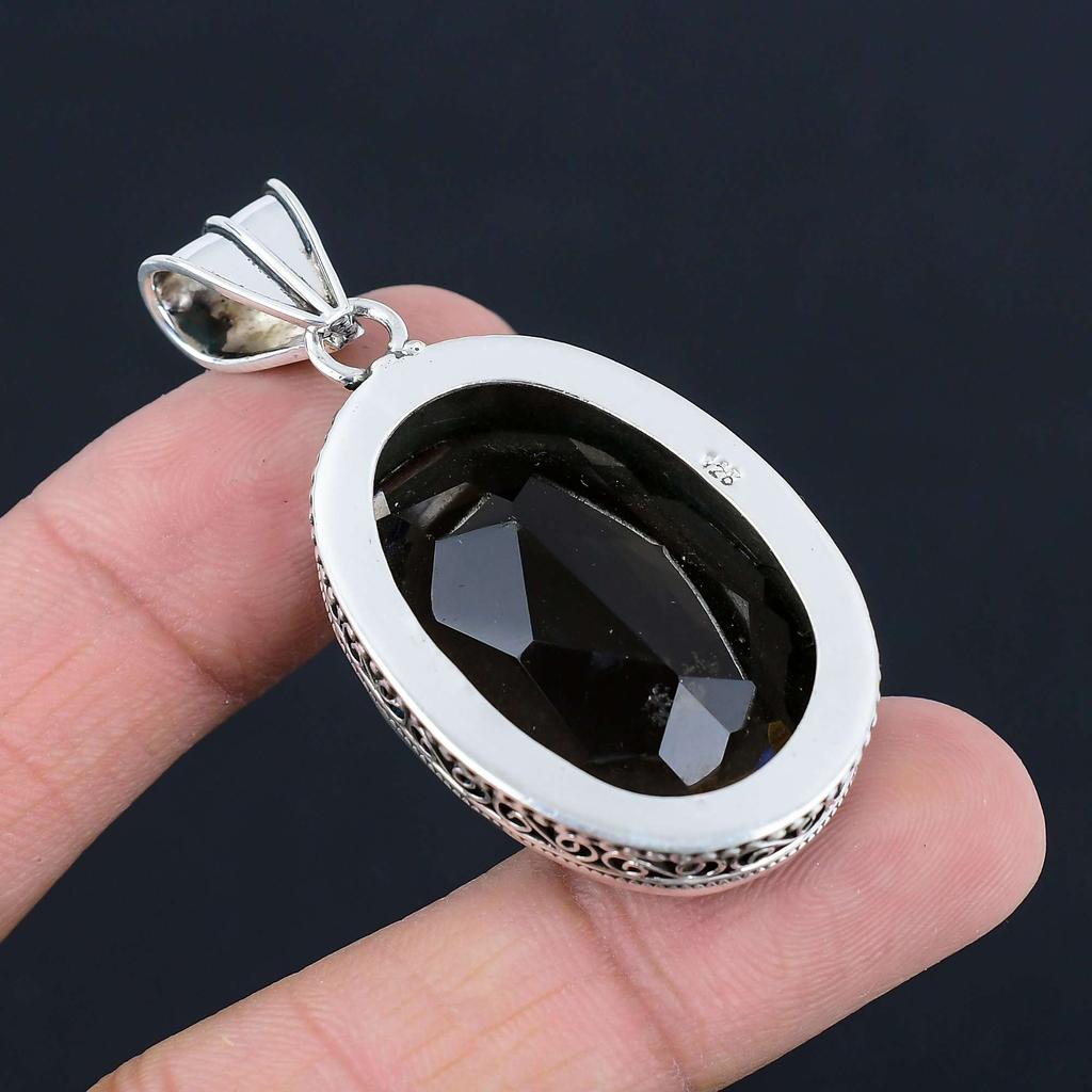 Faceted Smoky Quartz Gemstone Pendant Solid 925 Sterling Silver Pendant Jewelry Gift For Unisex