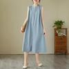 Women's Vintage Simple Casual Cotton Linen Single Breasted Shirt Dresses Summer Ruffled Sleeveless Solid Loose Beach Midi Dress