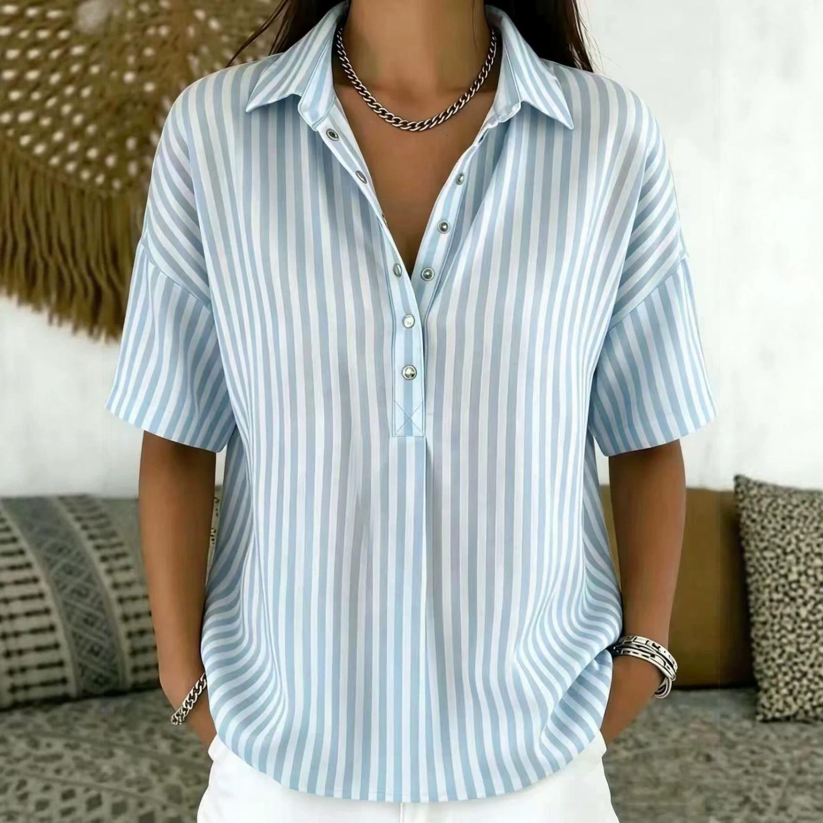 Women s Fashionable Casual Striped Collared Button-Down Short-Sleeve Loose-Fit Top L синий