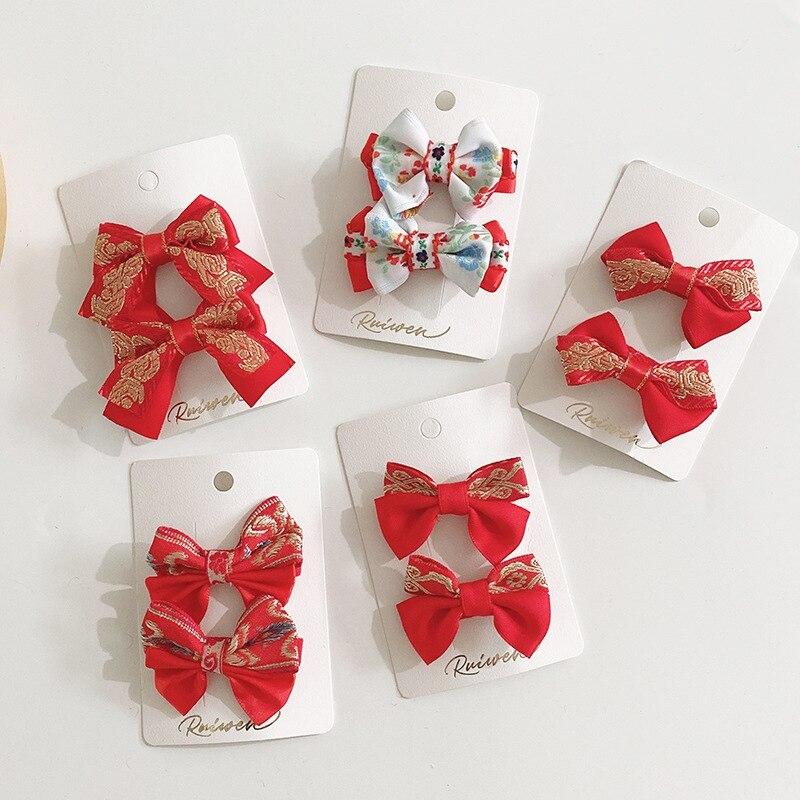 

2 шт. новогодние красные заколки для волос для девочек с милым орнаментом и бантом, праздничные заколки для волос